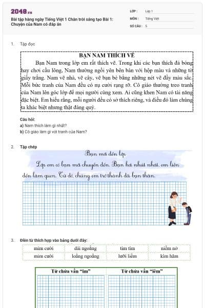 Bài tập hàng ngày Tiếng Việt 1 Chân trời sáng tạo Bài 1: Chuyện của Nam có đáp án