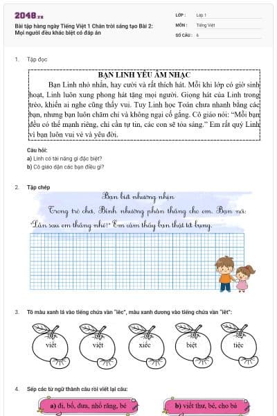 Bài tập hàng ngày Tiếng Việt 1 Chân trời sáng tạo Bài 2: Mọi người đều khác biệt có đáp án