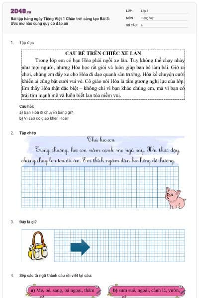 Bài tập hàng ngày Tiếng Việt 1 Chân trời sáng tạo Bài 3: Ước mơ nào cũng quý có đáp án