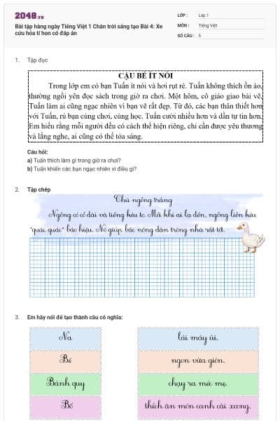 Bài tập hàng ngày Tiếng Việt 1 Chân trời sáng tạo Bài 4: Xe cứu hỏa tí hon có đáp án