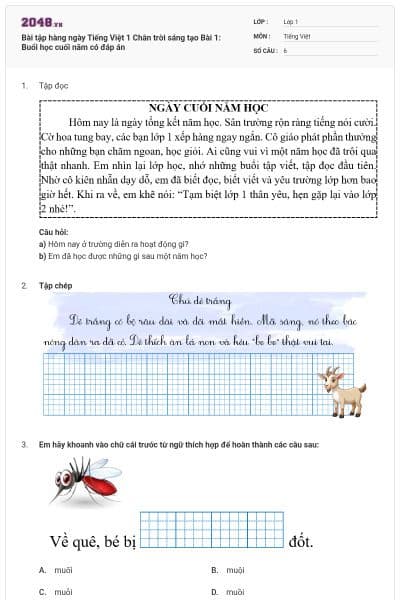 Bài tập hàng ngày Tiếng Việt 1 Chân trời sáng tạo Bài 1: Buổi học cuối năm có đáp án