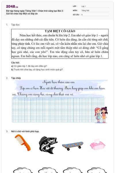 Bài tập hàng ngày Tiếng Việt 1 Chân trời sáng tạo Bài 2: Gửi lời chào lớp Một có đáp án