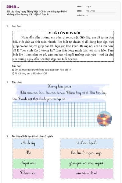 Bài tập hàng ngày Tiếng Việt 1 Chân trời sáng tạo Bài 4: Những phần thưởng đặc biệt có đáp án