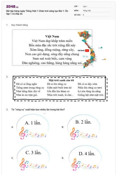 Bài tập hàng ngày Tiếng Việt 1 Chân trời sáng tạo Bài 1: Ôn tập 1 có đáp án