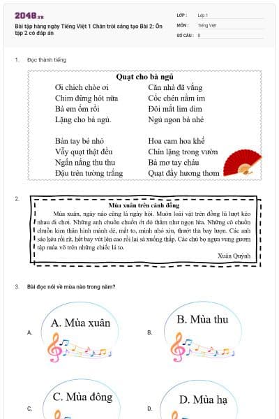 Bài tập hàng ngày Tiếng Việt 1 Chân trời sáng tạo Bài 2: Ôn tập 2 có đáp án