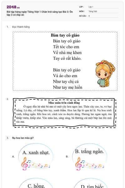 Bài tập hàng ngày Tiếng Việt 1 Chân trời sáng tạo Bài 3: Ôn tập 3 có đáp án