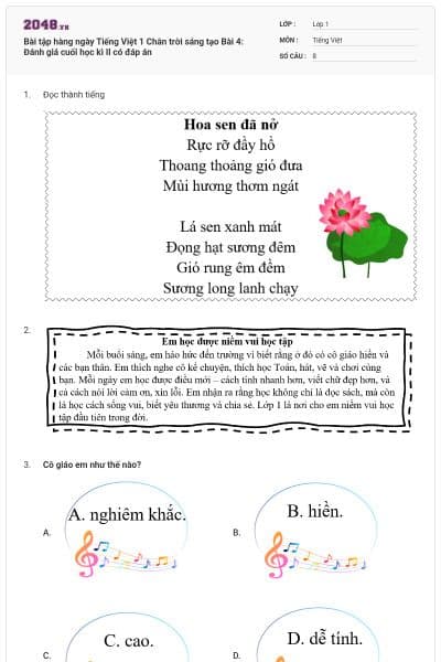 Bài tập hàng ngày Tiếng Việt 1 Chân trời sáng tạo Bài 4: Đánh giá cuối học kì II có đáp án