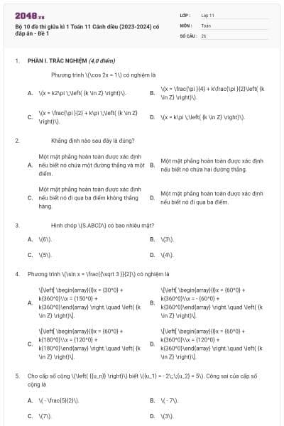 Bộ 10 đề thi giữa kì 1 Toán 11 Cánh diều (2023-2024) có đáp án - Đề 1