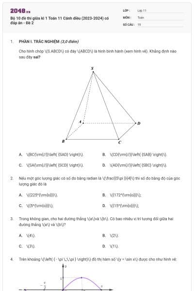 Bộ 10 đề thi giữa kì 1 Toán 11 Cánh diều (2023-2024) có đáp án - Đề 2