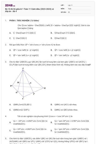 Bộ 10 đề thi giữa kì 1 Toán 11 Cánh diều (2023-2024) có đáp án - Đề 4