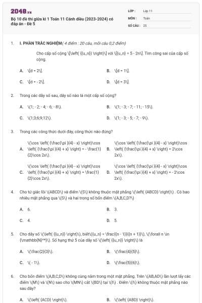 Bộ 10 đề thi giữa kì 1 Toán 11 Cánh diều (2023-2024) có đáp án - Đề 5