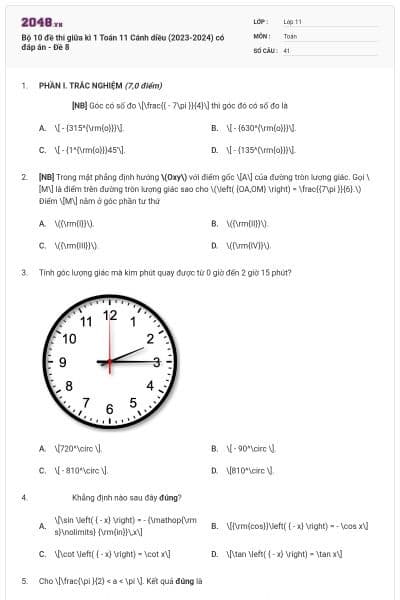 Bộ 10 đề thi giữa kì 1 Toán 11 Cánh diều (2023-2024) có đáp án - Đề 8