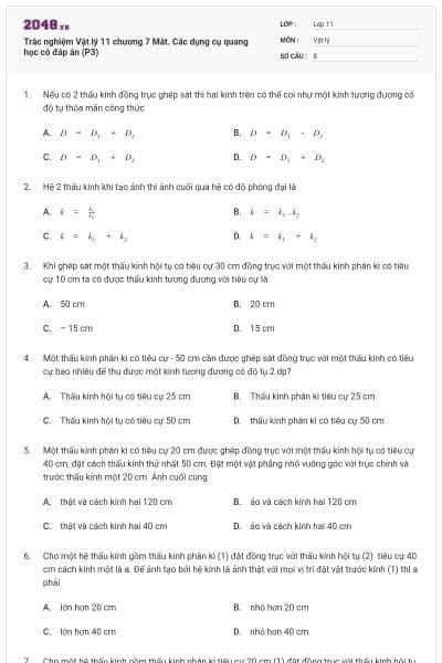 Trắc nghiệm Vật lý 11 chương 7 Mắt. Các dụng cụ quang học có đáp án (P3)