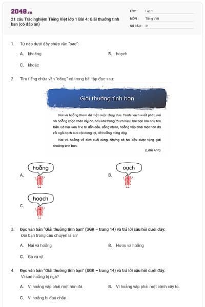 21 câu Trắc nghiệm Tiếng Việt lớp 1 Bài 4: Giải thưởng tình bạn (có đáp án)