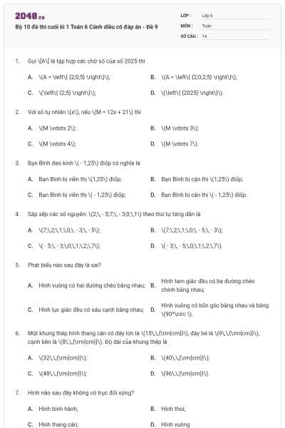 Bộ 10 đề thi cuối kì 1 Toán 6 Cánh diều có đáp án - Đề 9