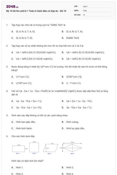 Bộ 10 đề thi cuối kì 1 Toán 6 Cánh diều có đáp án - Đề 10
