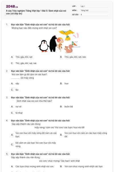 8 câu Trắc nghiệm Tiếng Việt lớp 1 Bài 5: Sinh nhật của voi con (có đáp án)
