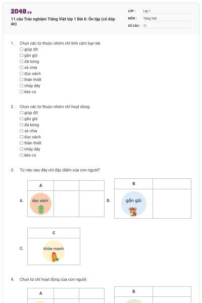 11 câu Trắc nghiệm Tiếng Việt lớp 1 Bài 6: Ôn tập (có đáp án)
