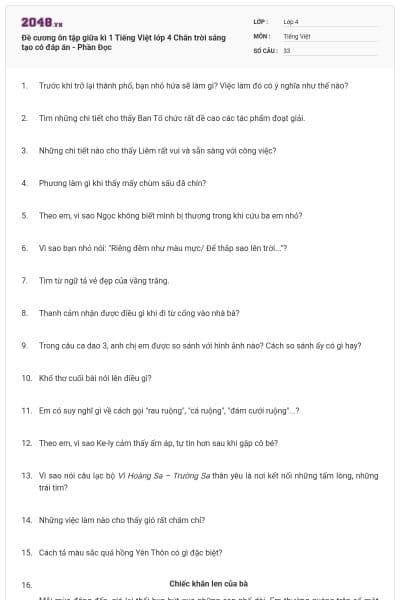 Đề cương ôn tập giữa kì 1 Tiếng Việt lớp 4 Chân trời sáng tạo có đáp án - Phần Đọc