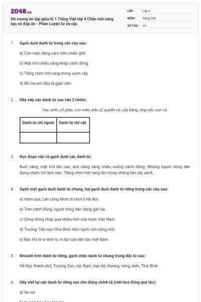 Đề cương ôn tập giữa kì 1 Tiếng Việt lớp 4 Chân trời sáng tạo có đáp án - Phần Luyện từ và câu
