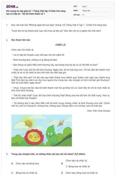 Đề cương ôn tập giữa kì 1 Tiếng Việt lớp 4 Chân trời sáng tạo có đáp án - Đề thi tham khảo số 1