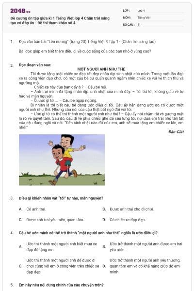 Đề cương ôn tập giữa kì 1 Tiếng Việt lớp 4 Chân trời sáng tạo có đáp án - Đề thi tham khảo số 4