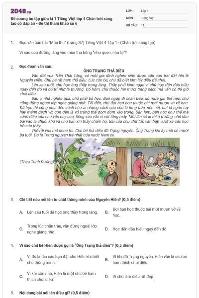 Đề cương ôn tập giữa kì 1 Tiếng Việt lớp 4 Chân trời sáng tạo có đáp án - Đề thi tham khảo số 6