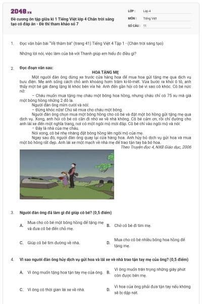 Đề cương ôn tập giữa kì 1 Tiếng Việt lớp 4 Chân trời sáng tạo có đáp án - Đề thi tham khảo số 7