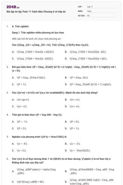 Bài tập ôn tập Toán 11 Cánh diều Chương 6 có đáp án