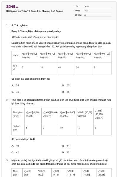 Bài tập ôn tập Toán 11 Cánh diều Chương 5 có đáp án