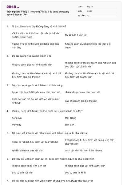 Trắc nghiệm Vật lý 11 chương 7 Mắt. Các dụng cụ quang học có đáp án (P6)