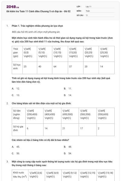 Đề kiểm tra Toán 11 Cánh diều Chương 5 có đáp án - Đề 02