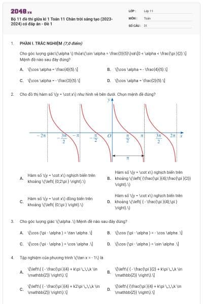 Bộ 11 đề thi giữa kì 1 Toán 11 Chân trời sáng tạo (2023-2024) có đáp án - Đề 1
