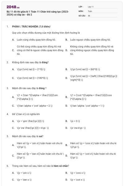 Bộ 11 đề thi giữa kì 1 Toán 11 Chân trời sáng tạo (2023-2024) có đáp án - Đề 2