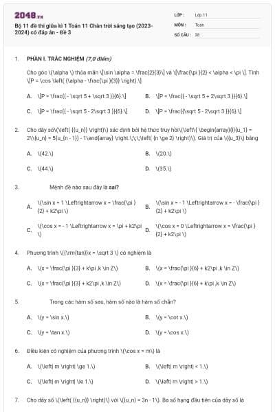 Bộ 11 đề thi giữa kì 1 Toán 11 Chân trời sáng tạo (2023-2024) có đáp án - Đề 3