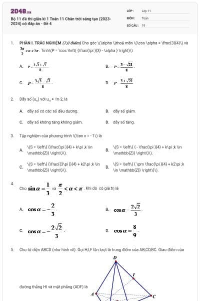 Bộ 11 đề thi giữa kì 1 Toán 11 Chân trời sáng tạo (2023-2024) có đáp án - Đề 4