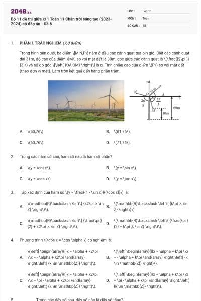 Bộ 11 đề thi giữa kì 1 Toán 11 Chân trời sáng tạo (2023-2024) có đáp án - Đề 6