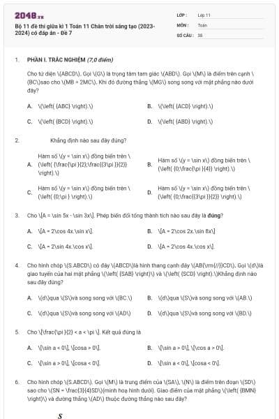 Bộ 11 đề thi giữa kì 1 Toán 11 Chân trời sáng tạo (2023-2024) có đáp án - Đề 7