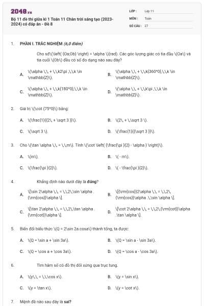 Bộ 11 đề thi giữa kì 1 Toán 11 Chân trời sáng tạo (2023-2024) có đáp án - Đề 8