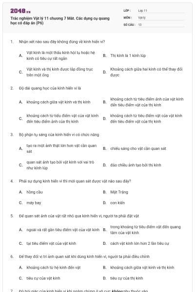 Trắc nghiệm Vật lý 11 chương 7 Mắt. Các dụng cụ quang học có đáp án (P6)