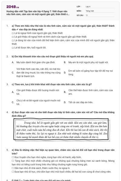 Hướng dẫn viết Tập làm văn lớp 4 Dạng 7: Viết đoạn văn nêu tình cảm, cảm xúc về một người gần gũi, thân thiết có đáp án