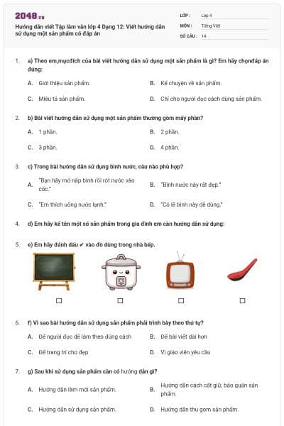 Hướng dẫn viết Tập làm văn lớp 4 Dạng 12: Viết hướng dẫn sử dụng một sản phẩm có đáp án