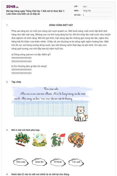 Bài tập hàng ngày Tiếng Việt lớp 1 Kết nối tri thức Bài 1: Loài chim của biển cả có đáp án