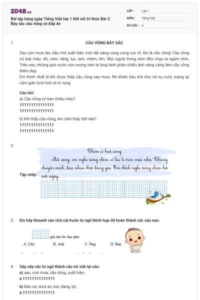 Bài tập hàng ngày Tiếng Việt lớp 1 Kết nối tri thức Bài 2: Bảy sắc cầu vồng có đáp án