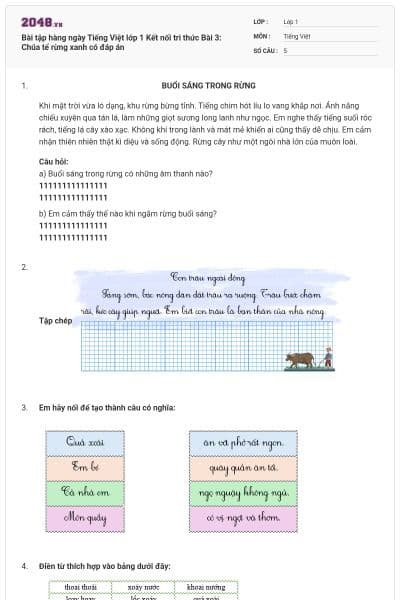 Bài tập hàng ngày Tiếng Việt lớp 1 Kết nối tri thức Bài 3: Chúa tể rừng xanh có đáp án