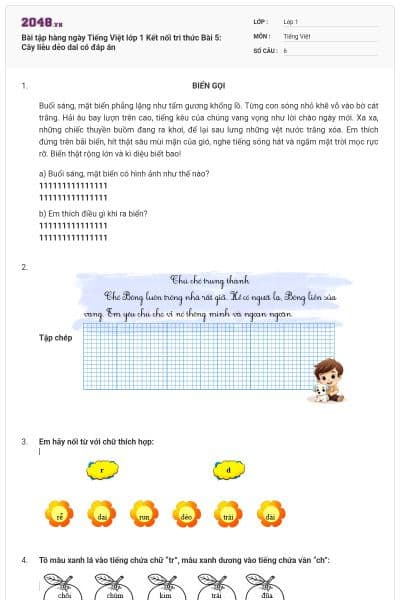 Bài tập hàng ngày Tiếng Việt lớp 1 Kết nối tri thức Bài 5: Cây liễu dẻo dai có đáp án