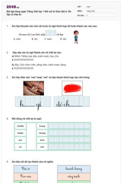 Bài tập hàng ngày Tiếng Việt lớp 1 Kết nối tri thức Bài 6: Ôn tập có đáp án