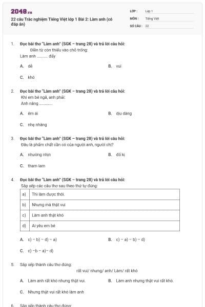 22 câu Trắc nghiệm Tiếng Việt lớp 1 Bài 2: Làm anh (có đáp án)