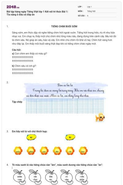 Bài tập hàng ngày Tiếng Việt lớp 1 Kết nối tri thức Bài 1: Tia nắng ở đâu có đáp án