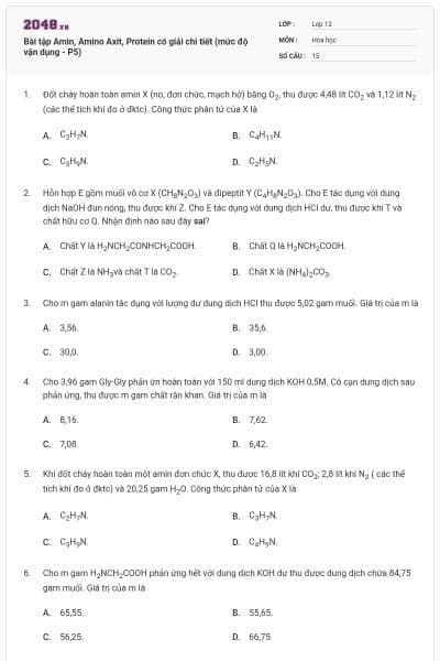 Bài tập Amin, Amino Axit, Protein có giải chi tiết (mức độ vận dụng - P5)